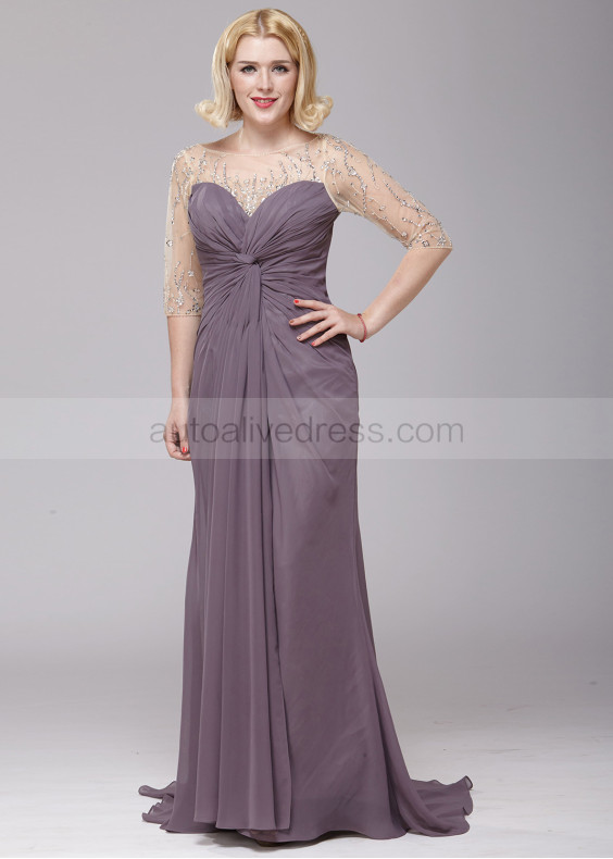 Beaded Dusty Purple Ruched Chiffon Stylish Mother Dress 